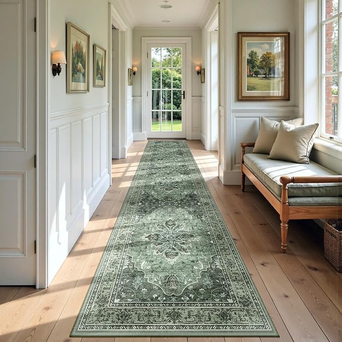 Area Rugs 2'x9' Washable Non-Slip, Floral Vintage Distress Print Pattern Medallion Carpet for Living Room Bedroom Dining Room, Dark Green Gray