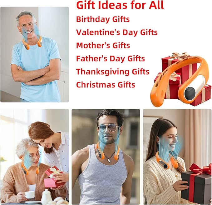Portable Neck Fan,Personal Wearable Bladeless Fan,LED Display,4-Speeds,6000mAh USB Rechargeable,360° Strong Cooling Wind,Hands Free,White Elephant Gift,Christmas Gifts for Men Women Dad Mom (Orange)