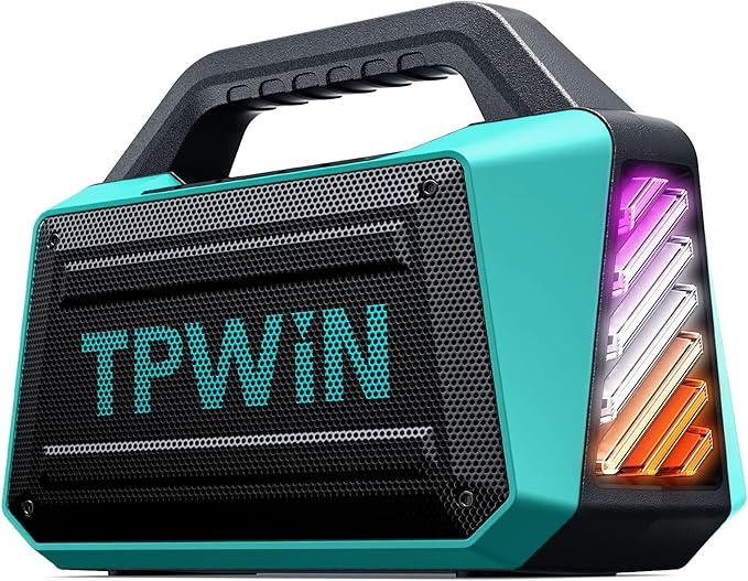 TPWIN Powerful 80W Outdoor Bluetooth Speaker: IPX6 Waterproof, Rugged, 20H Playtime, Deep Bass, Lightshow, TWS, BT 5.3 Wireless, Portable for Travel Hiking Camping Beach Pool - Teal
