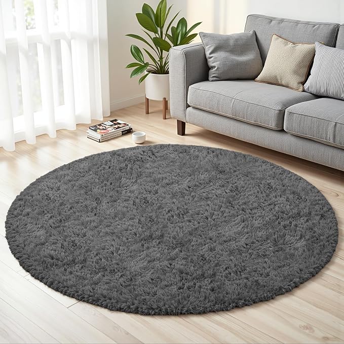 Dark Gray Round Fluffy Rug 6ft Plush Fuzzy Shaggy Carpet | Soft Rugs by Unknown