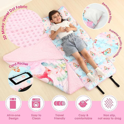 ACRABROS Toddler Nap Mat with Pillow and Blanket, Extra Large Rolled Napping Mats,Slumber Bags for Boys Girls,Kids Sleeping Bag for Daycare, Preschool Travel Camping, Shell Mermaid