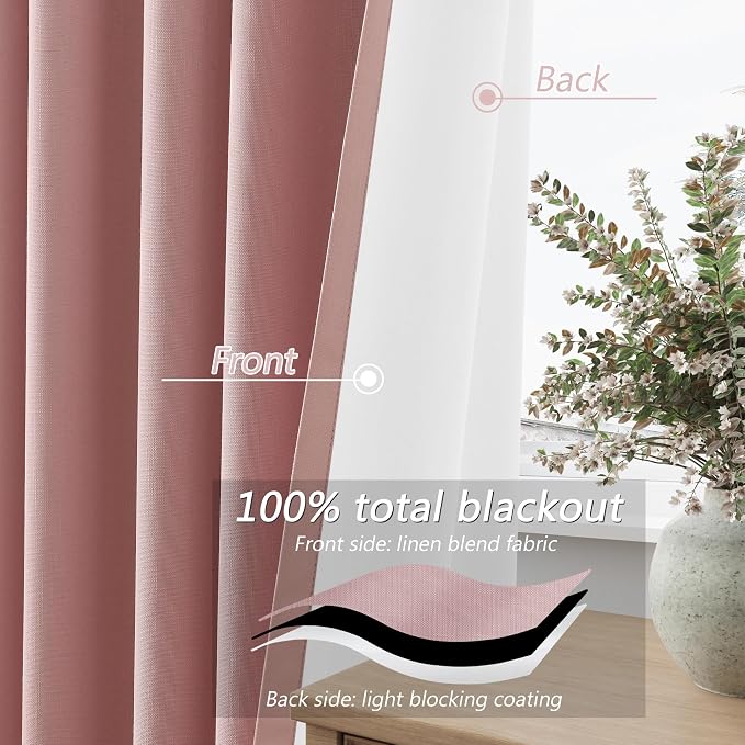 Pink 100% Blackout Linen Curtains 102 Inch 2 Panels Set - Image 4