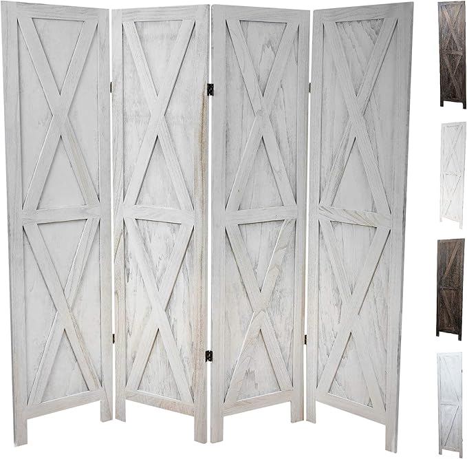 Premium Home 4-Panel Room Divider – Rustic White Barn Door, X Pattern Folding by PremiumHomeDecor