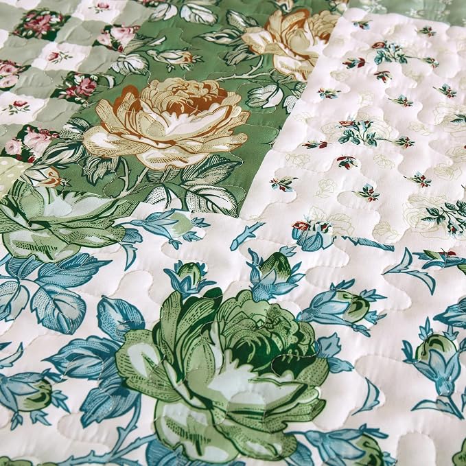Patchwork Quilt Set Queen Size, Sage Green Floral Plaid Bedspread | 3 Pcs - Image 6