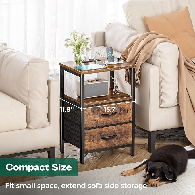 Huuger Nightstand with Charging Station, Side Table with Fabric Drawers | End - Image 7