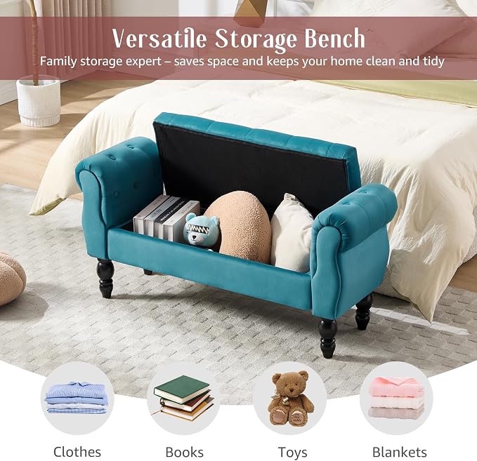 47.6" Storage Bench for End of Bed Bedroom, Velvet Ottoman Bench - Image 3