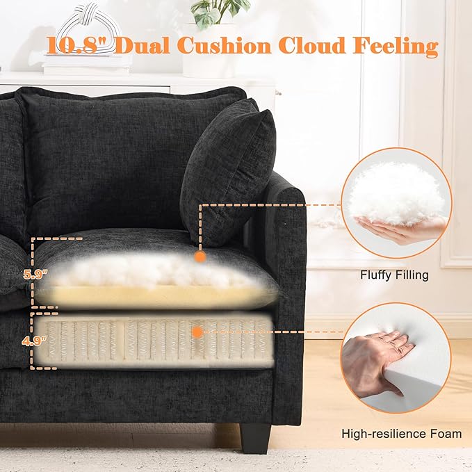 Loveseat Sofa Cloud Sofa Couch 50'', Modern Loveseats 2 Seat Couch 27" Deep Seat with 2 Pillows for Small Spaces Apartment Studio Office Bedroom Living Room 8834-BLACK