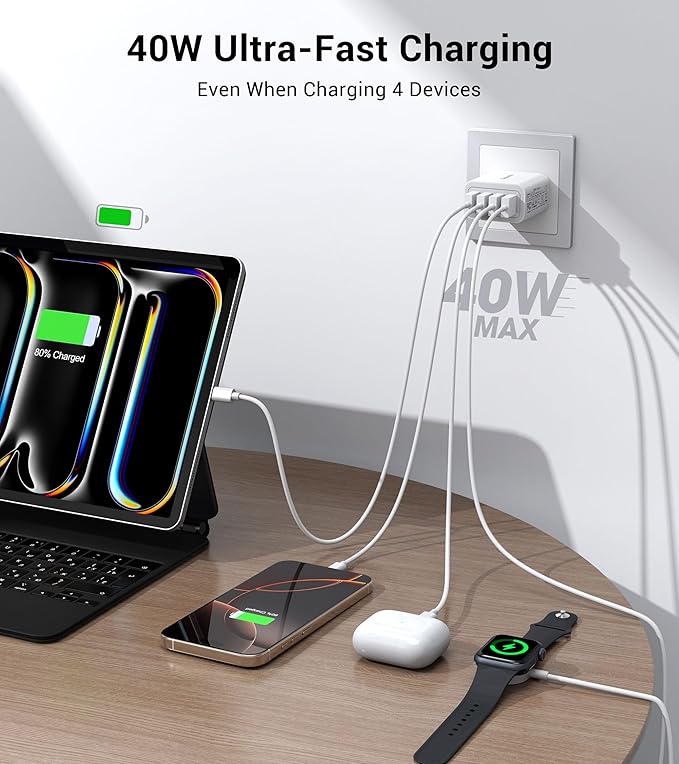 40W USB Wall Charger Block, 2-Pack 4-Port USB A Fast Charging Brick Dual QC Wall Plug Adapter Compatible for iPhone 17/16/15/14/13/12/11 Pro Max Plus,iPad,Galaxy