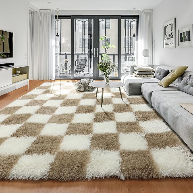 KICMOR Living Room Rug 7x9 Area Rug, Large Fluffy Shag Shaggy Fuzzy Checkered by KICMOR