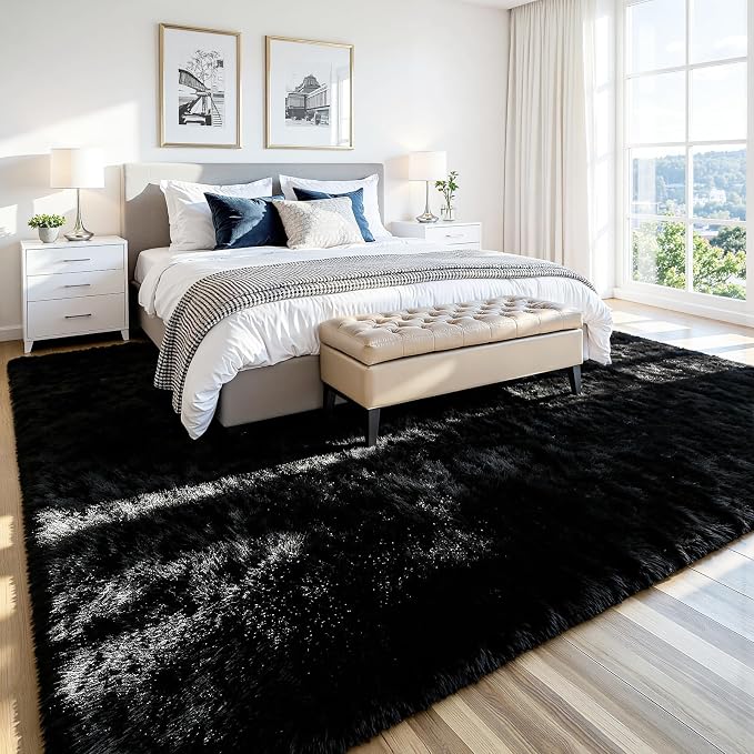 6x9 Fluffy Area Rug for Living Room: Soft Non-Slip Black Bedroom Carpet | Ultra - Image 3