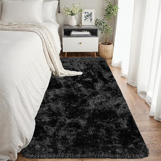 2x6 Bedside Area Rugs for Bedroom: Soft Fluffy Shag Black Rug for Hallway, Non-Slip Fuzzy Plush Living Room Rug Indoor Floor Carpet for Kids Rooms, Dorm, Nursery, Modern Home Aesthetic Decor
