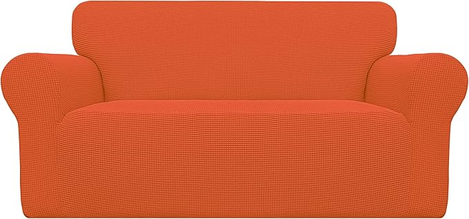 Easy-Going Stretch Loveseat Slipcover 1-Piece Sofa Cover Furniture Protector Couch Soft with Elastic Bottom for Kids Polyester Spandex Jacquard Fabric Small Checks (Loveseat, Orange)