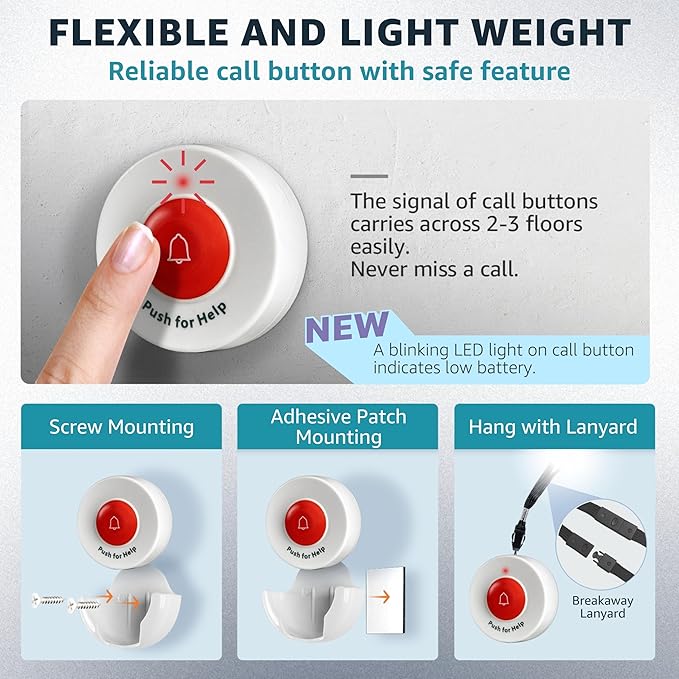 SYNLETT Caregiver Pager Wireless Call Buttons Motion Sensor Alarm Indoor for Elderly Monitoring Fall Prevention Bed Alarm Alert System Portable Nurse Call for Seniors Dementia Patients Emergency