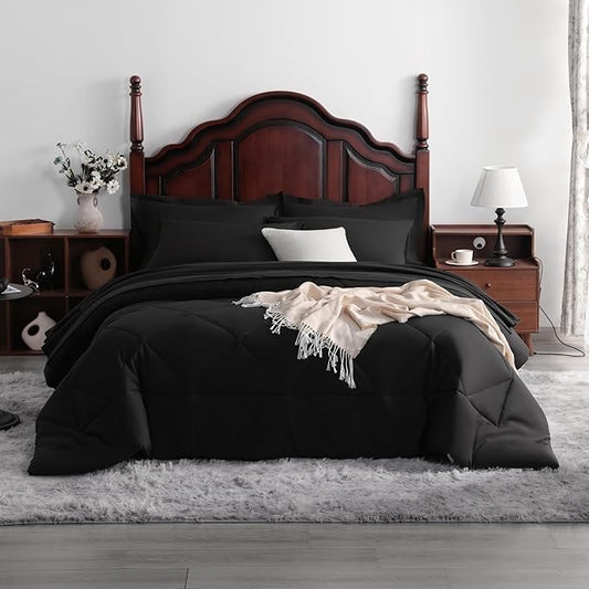 7-Piece King Comforter Set with Sheets – Soft and Breathable All-Season King Bed in a Bag, Down Alternative Comforter Set Solid Color All Season, Black