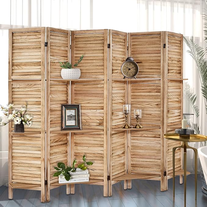 Room Divider with Shelves, 6 Panel Natural Privacy Screen | Partition Room - Image 5