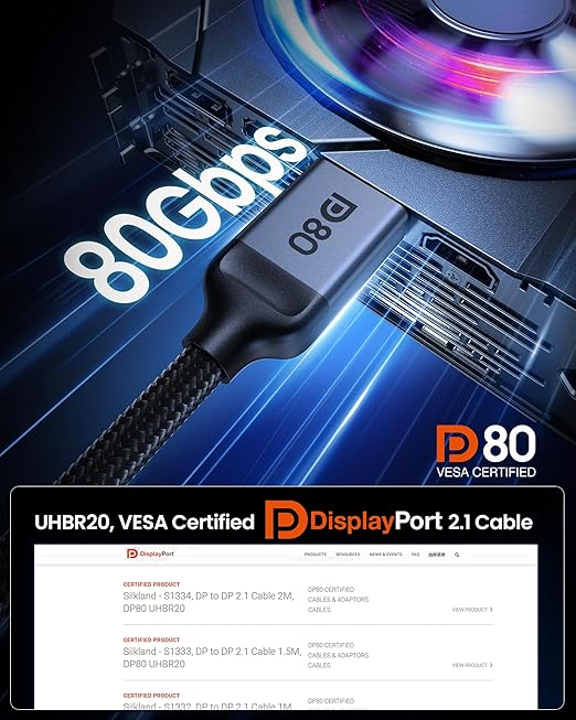 Silkland 80Gbps DisplayPort Cable 2.1 3.3FT [VESA Certified], [8K@240Hz, 4K@540Hz 360Hz 240Hz] DP 2.1 Cable 16K, DP80 HDR DSC Display Port Cord Compatible FreeSync G-Sync Gaming Monitor 5090 7900XTX