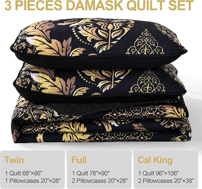 DJY Black Quilt Set California King Size 3Pcs, Boho Gold Damask Bedspread | - Image 6