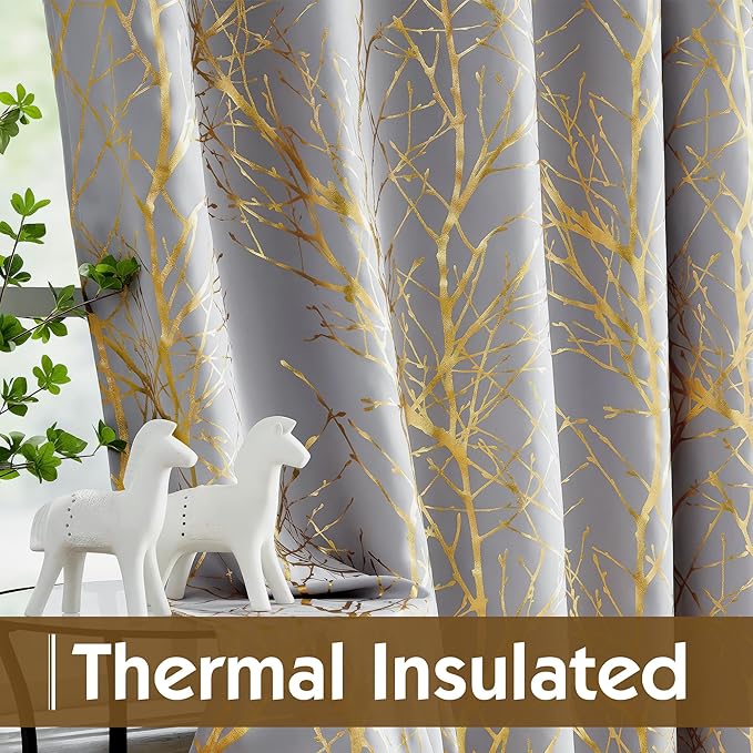 FMFUNCTEX 100% Blackout Grey Gold Foil Tree Curtains 54 Inch Long 2 Panels | - Image 5