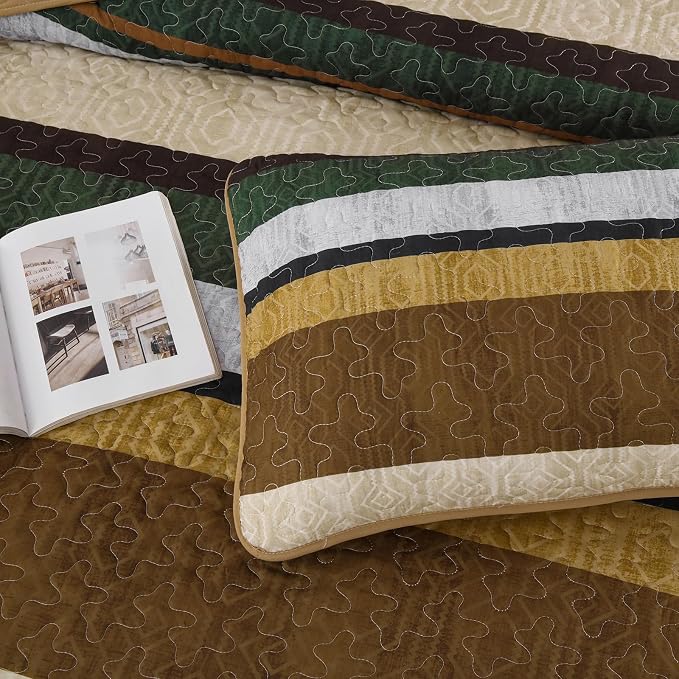 Dobuyly King Stripe Quilt Bedding Set, Boho Brown Lightweight Bedspread | - Image 8