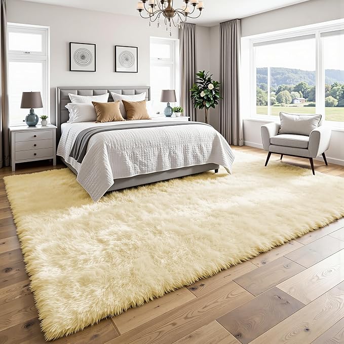 4x6 Fluffy Area Rug for Living Room: Non-Slip Cream White Bedroom Carpet | - Image 3