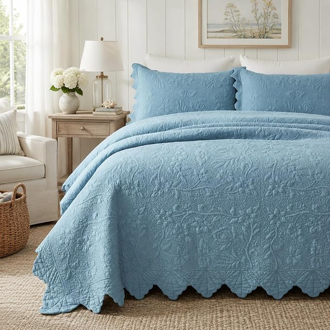 Brandream Luxury 100% Cotton Quilt Set King Size Blue Floral Vine Matelasse by Brandream