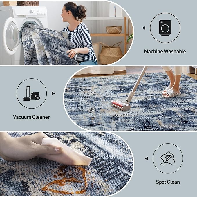 9x12 Area Rugs for Living Room: Washable Abstract Blue Gold Badroom Carpet | - Image 4