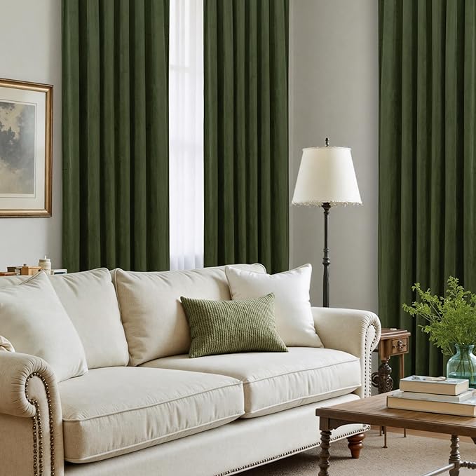 LAMIT Olive Green Velvet Curtains 120 Inch for Living Room, Thermal Insulated Blackout Curtains Luxury Room Darkening Back Tab and Rod Pocket Window Drapes for Bedroom, 2 Panels, 52 x 120 Inch