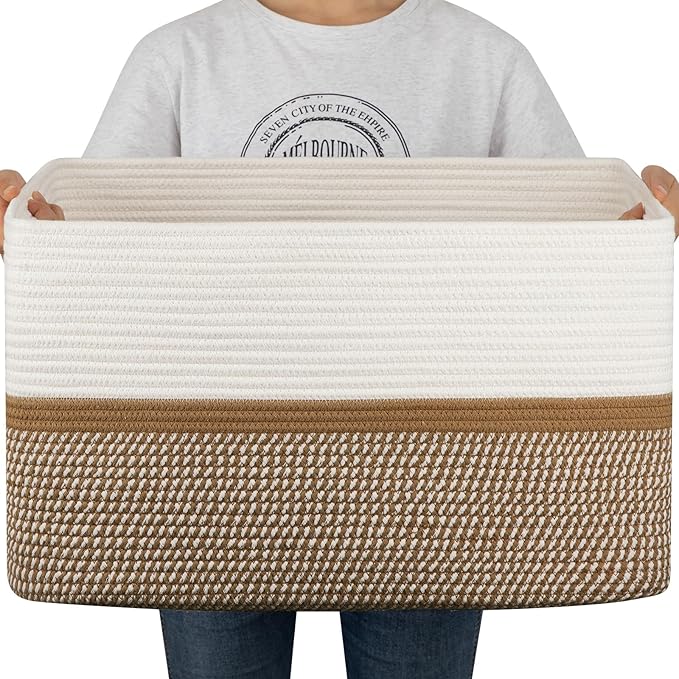 OIAHOMY Blanket Basket Laundry Basket Dog Toy Basket 75L Yellow/White | Large by MasterofSpaceOptimization
