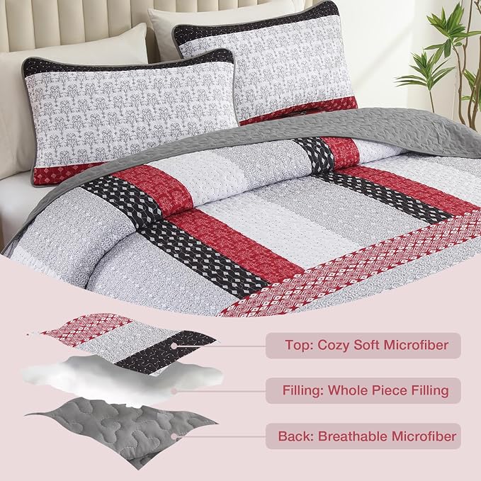 WONGS BEDDING Stripe Quilt Set Queen, Boho Bedspread Sets, Breathable - Image 4