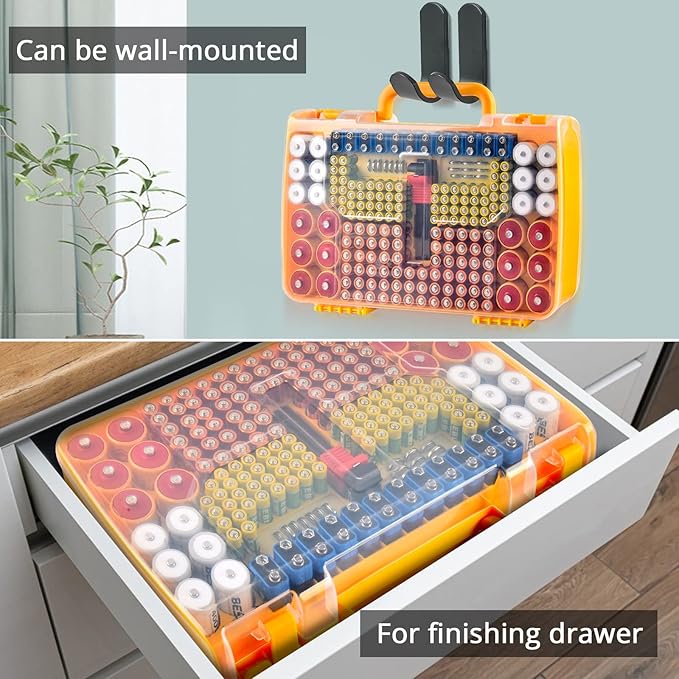 Aptbyte Battery Organizer Storage Holder Box Case with Tester- 269 Batteries Double-Sided Variety Pack, Holds AA AAA 4A C D Cell 9V 3V Lithium LR44 CR2 CR123 CR1632 18650 Button- Yellow (Box Only)