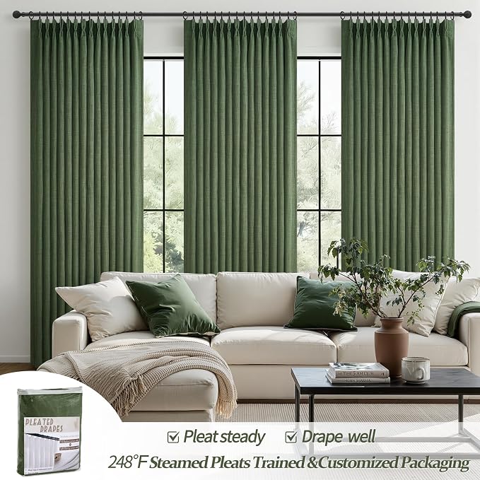 Loden Green Thick Linen Tall Bedroom Curtains 102 Inches Long 2 Panels - Image 6