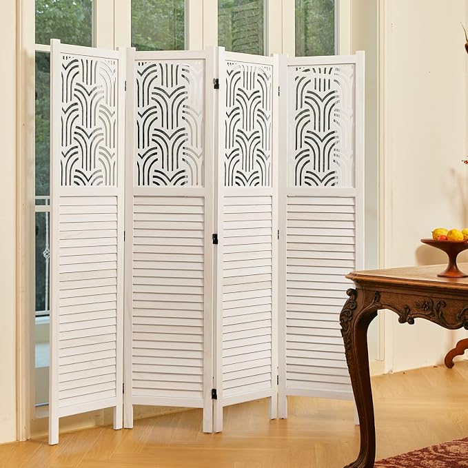 Svimi Folding Room Divider, 66.9 Inch 4 Panels Wood Carved Privacy Screens - Image 7