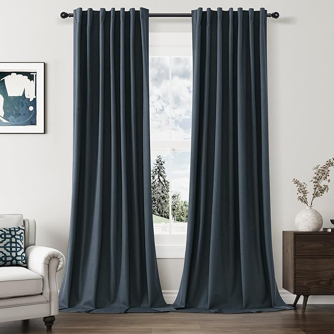 Vintage Blue 100% Blackout Linen Curtains 108 Inch Length 2 Panels Set by Guken