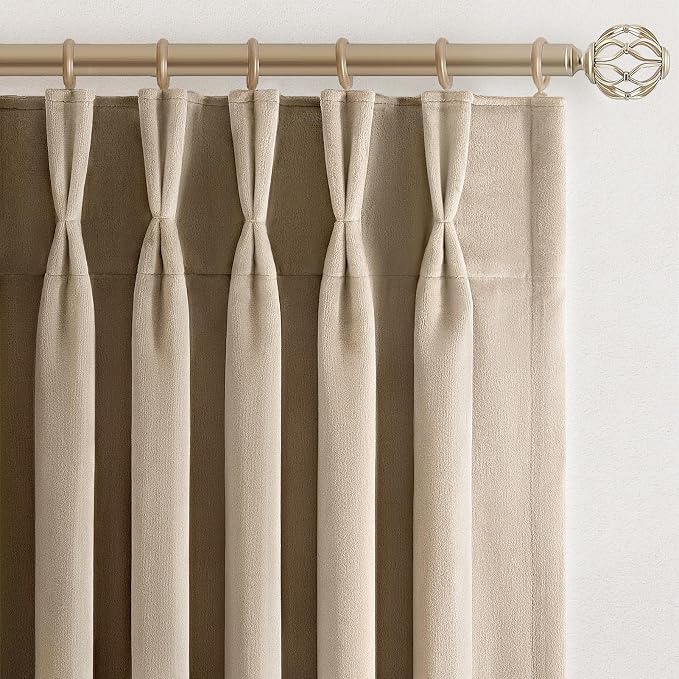 Beige Velvet Pinch Pleated Curtains 84 Inches Long by Unknown