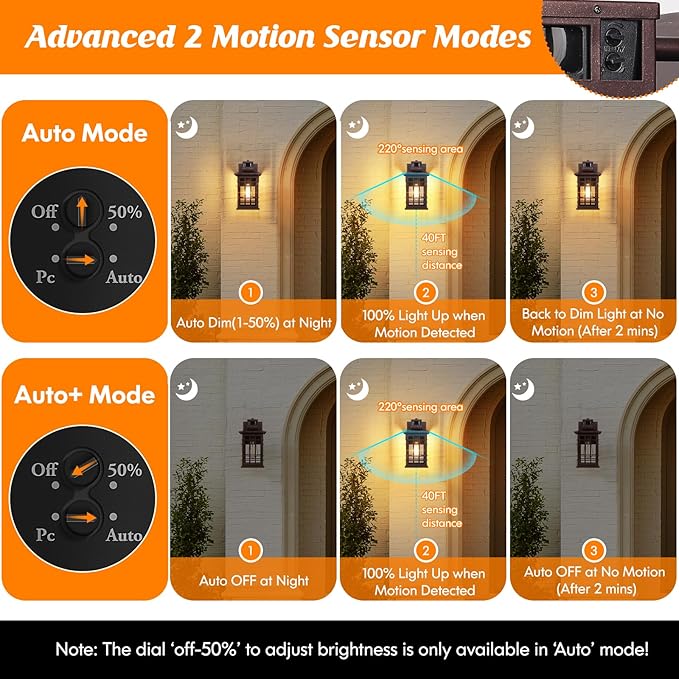 2-Pack Porch Light with GFCI Outlets, Brown Motion Sensor Dusk to Dawn Outdoor Wall Light Fixture, Waterproof Outside Wall Lantern Sconce 3 Lighting Modes, Exterior Wall Light for Front Door House