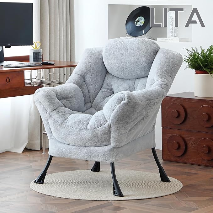 Lazy Chair with Ottoman, Comfy Accent Reading Chair, Plush Grey | Foldable - Image 2