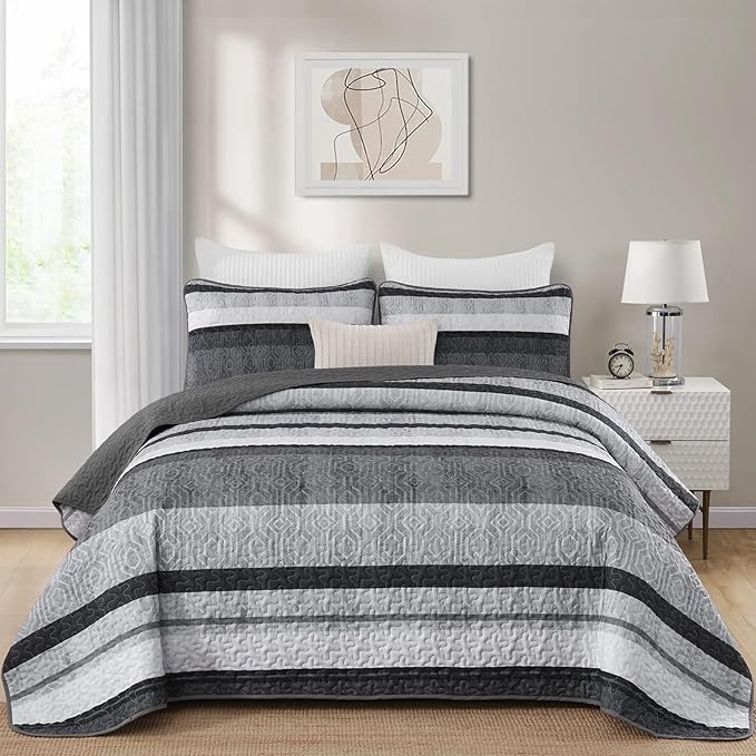 Dobuyly Queen Boho Stripe Quilt Set, Breathable All-Season, 3-Piece Set - Image 2