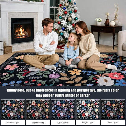 10x14 Area Rugs for Living Room: Floral Washable Rug Vintage Large Soft Boho Non-Slip Carpet Stain Resistant Low Pile Carpets for Bedroom Dining Room Farmhouse Nursery Hallway Home Office Black