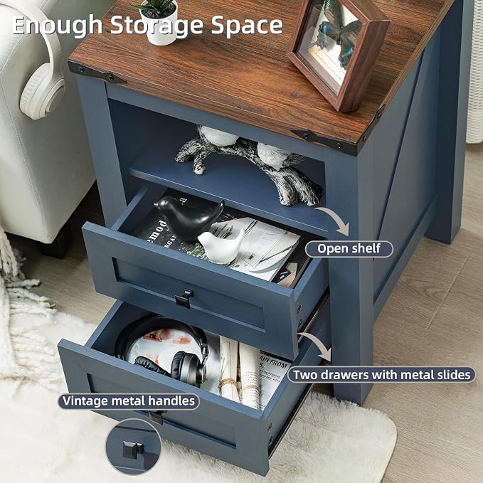 Joaxswe Nightstand with Charging Station, Farmhouse Night Stand with 2 Drawers - Image 5