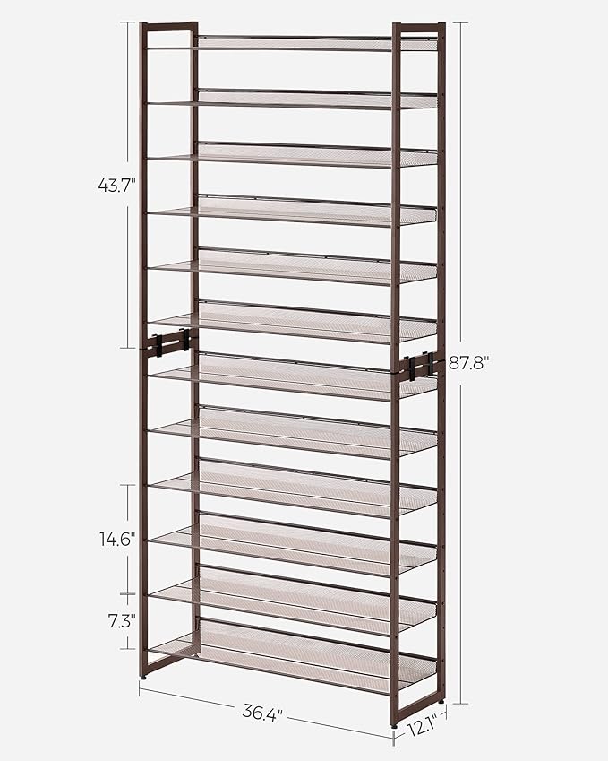 SONGMICS Shoe Rack, 12-Tier Shoe Organizer, Metal Rack for Garage, Set of 2, 6-Tier Stackable Shelf, with Adjustable Flat or Angled Shelves, Holds 48-60 Pairs, Bronze ULMR12A