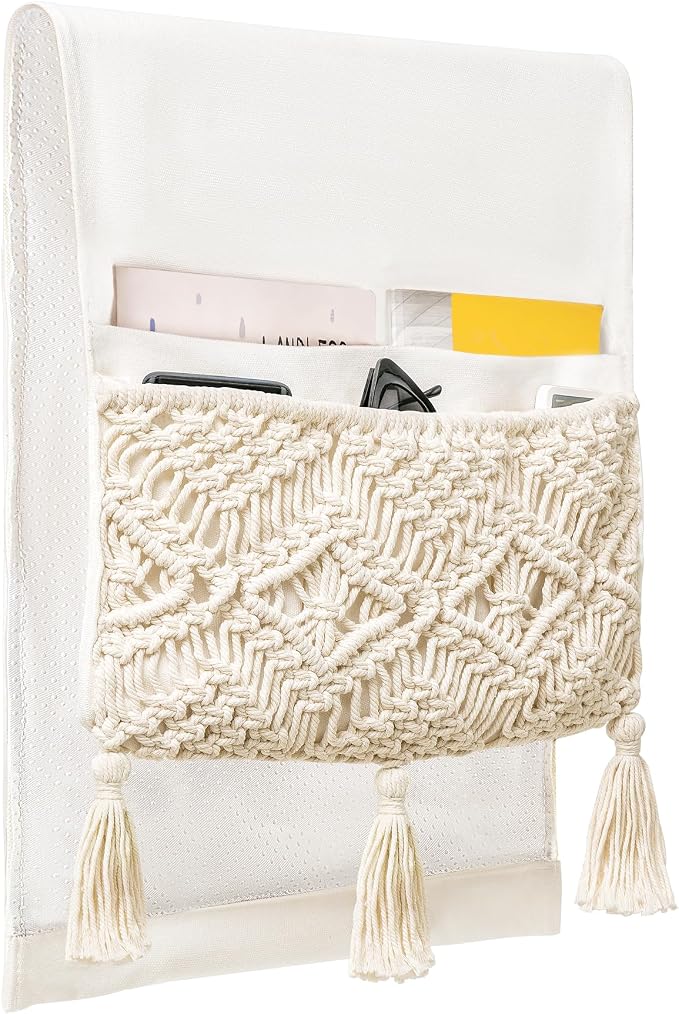 Mkono Macrame Armchair Caddy, Boho Couch Armrest Organizer, 4 Pockets Beige | - Image 6