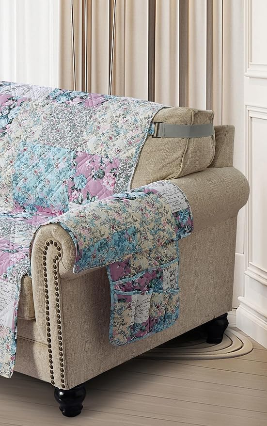 Brilliant Sunshine Lilac & Egg Blue Rose Couch Armrest Cover, Armrest Organizer - Image 5