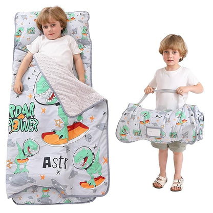 Viviland Toddler Kid Nap Mat for Preschool, Grey Dinosaur Slumber Bag, Daycare Sleeping Bag with Pillow and Blanket, Kindergarten Sleep Mat