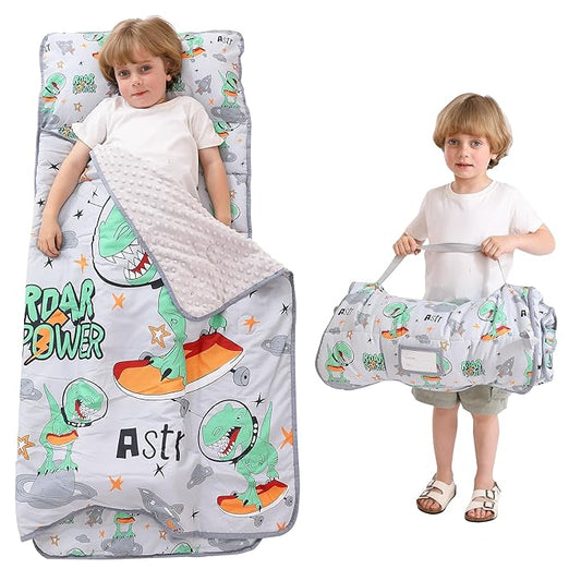 Viviland Toddler Kid Nap Mat for Preschool, Grey Dinosaur Slumber Bag, Daycare Sleeping Bag with Pillow and Blanket, Kindergarten Sleep Mat
