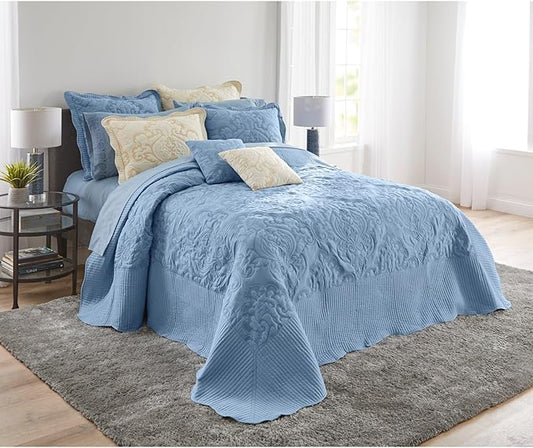 BrylaneHome Bedding Lightweight All Season Modern Amelia Quilted Damask Oversized Ultra Soft Bedspread - King, Ashley Blue