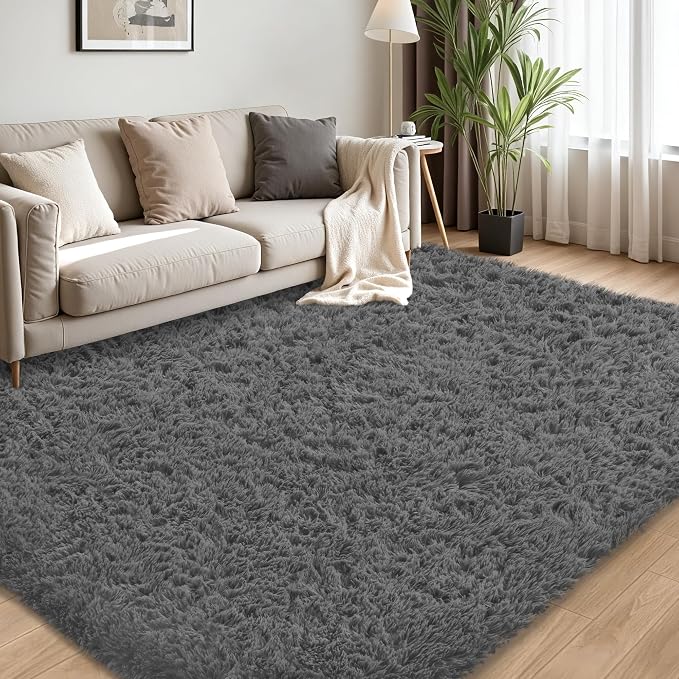 5x8 Area Rug for Living Room, Dark Gray Fluffy Shag Non-Slip Bedroom Rugs | - Image 4
