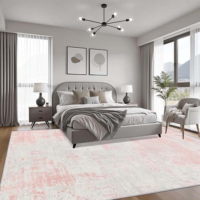 6x9 Area Rug Living Room: Modern Washable Soft Carpet Pink White | - Image 3
