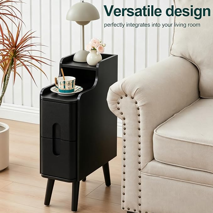 Black Narrow Nightstand, Wood 2 Drawer Small Nightstand, Slim Side Table - Image 4