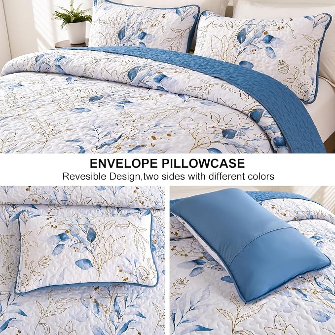 Anibedding Botanical Quilt Set Queen Size Blue Print Bedspread Coverlet Set | - Image 4