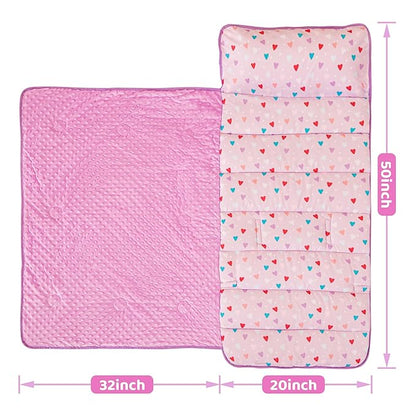 Viviland Toddler Kid Nap Mat for Preschool, Girls Heart Slumber Bag, Purple Daycare Sleeping Mats with Pillow and Blanket, Kindergarten Sleep Mat